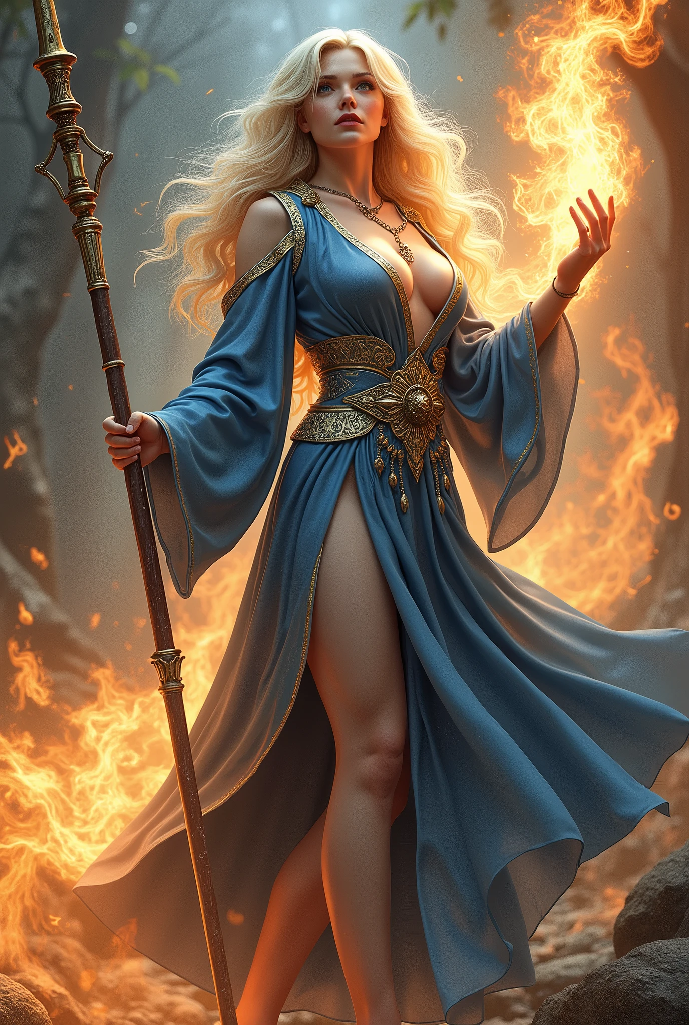 (masterpiece, photorealistic:1.4, extremely intricate:1.3), (photon mapping, radiosity, physically based rendering, ultra resolution, hyper-realistic, photorealistic:1.4, hyper-realistic, 8K), (((blonde buxom Sylph, large breasts))) blue silver sorceress, staff raised, flame power