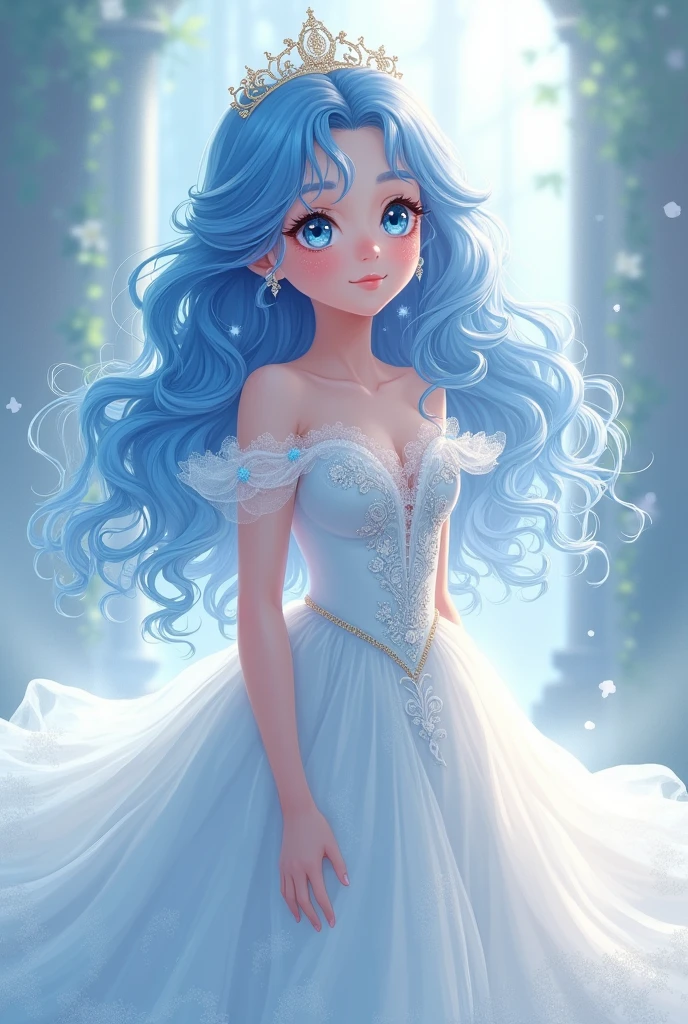 Draw an 1 anime princess with blue curly hair, blue eyes, wearing a white princess dress and a blush mark on her cheeks