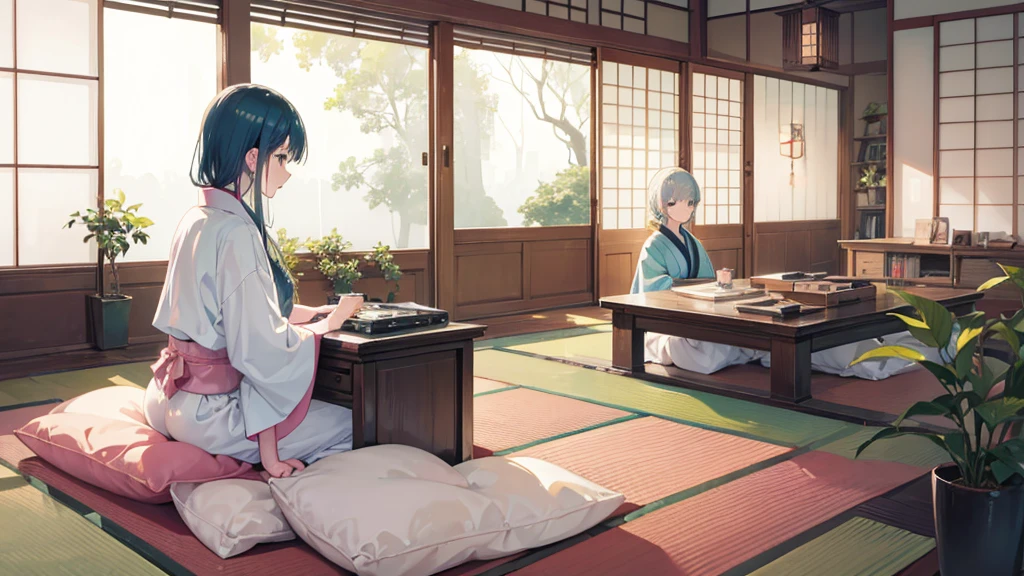 A cozy Japanese-style room, anime aesthetic, with a large window showing gentle rain falling outside. Inside, the room is warmly lit with soft, pastel tones. A record player, books, and plants are placed around, creating a relaxing atmosphere. The characters (a boy and a girl) are in a relaxed pose, listening to music. Include a subtle text overlay that reads 'Dreamy Chill' in a minimalist, elegant font. Use a soft, nostalgic color palette with pastel shades.
