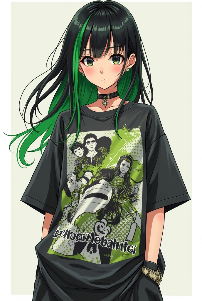 Fille au cheveux noir avec mèche verte et un t-shirt oversize manga