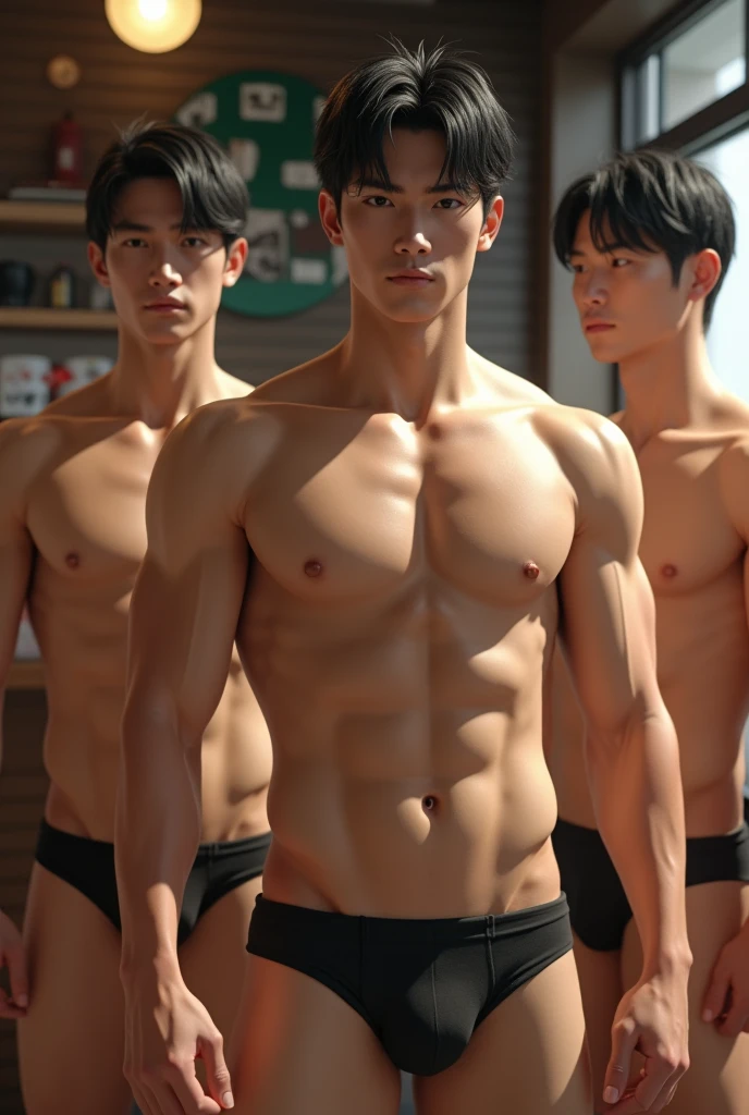 Realistic、beautiful、A large group of young Japanese men、Bikini-style small swimming trunks、Huge bulge in the crotch、Inside Starbucks Coffee