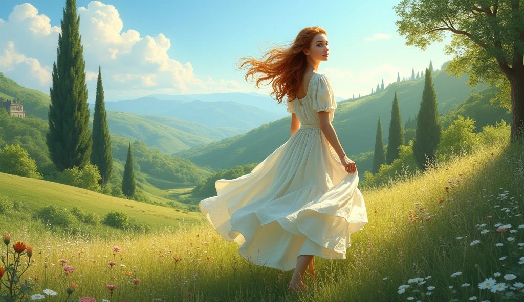 Here is the image generated based on the idea for the south of france, Russian girl, a big clear sky and a landscape full of vegetation. If you need anything else or other images, I am available!
