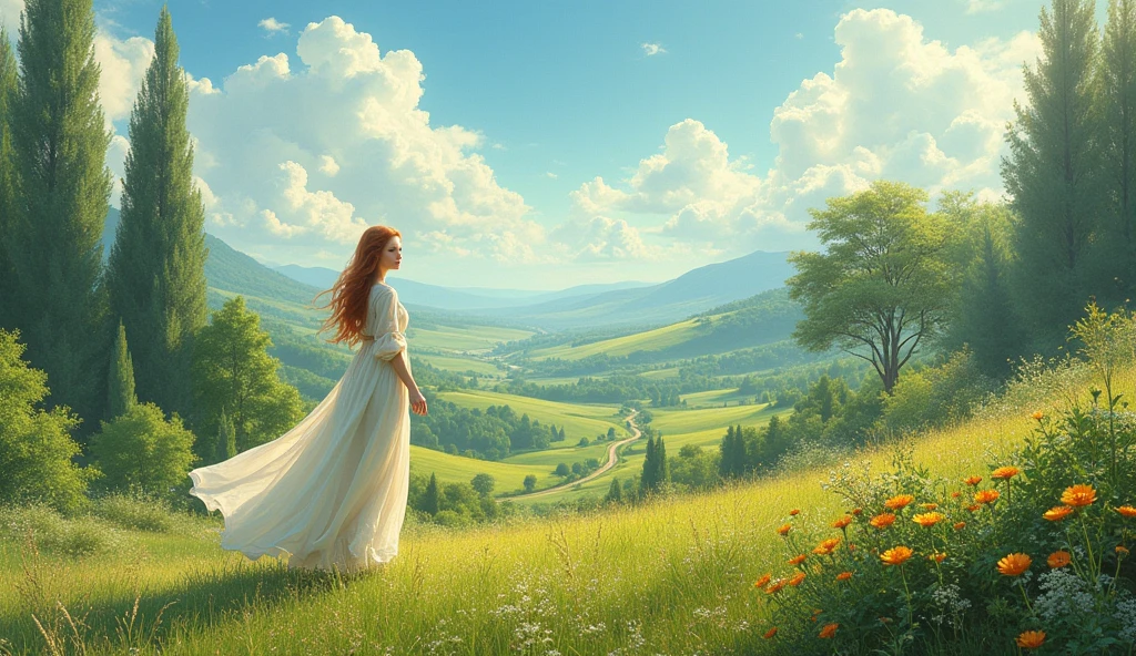 Here is the image generated based on the idea for the south of france, Russian girl, a big clear sky and a landscape full of vegetation. If you need anything else or other images, I am available!
