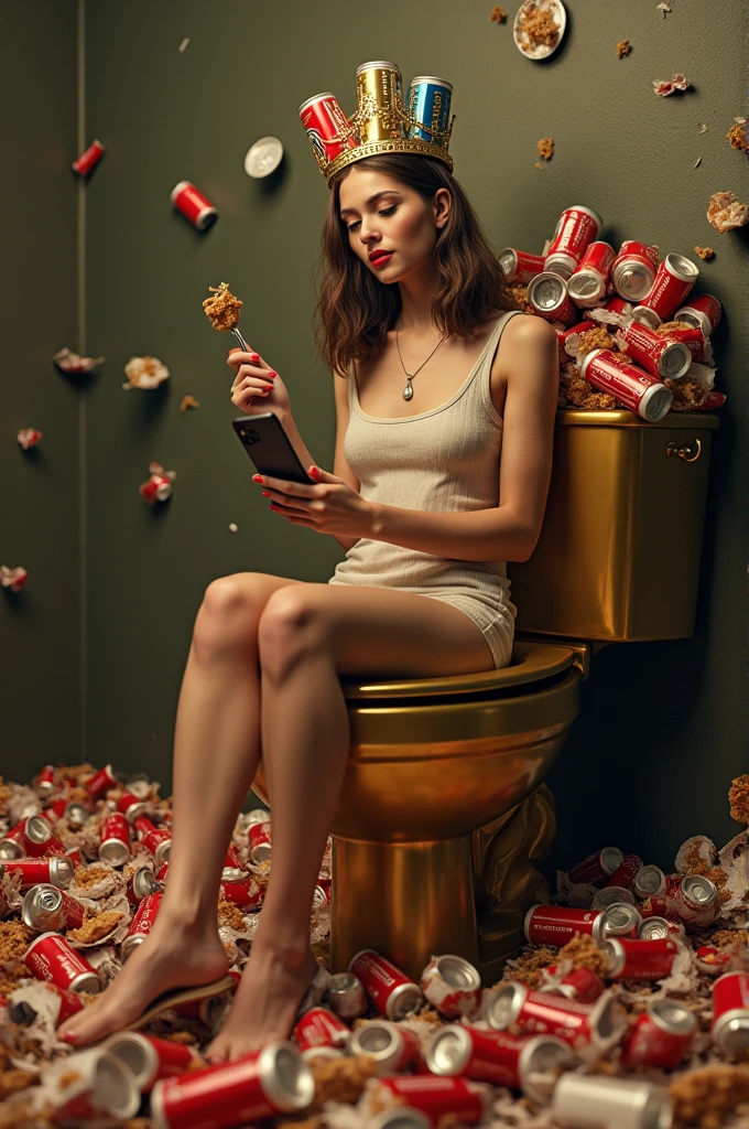 Concept: A person sitting on a gold-plated toilet, surrounded by an excess of fast food wrappers, with a crown made of soda cans. They’re holding a smartphone in one hand and a fork dripping with sauce in the other, looking content but utterly disconnected.
