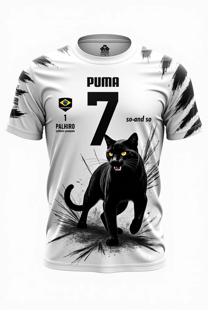 Make the back of a white interclass shirt, whose front part is a small black wild pampas pampas cat in the adversaries, and with black scratch details on the shirt and in the upper left corner of the chest area, place the Puma symbol, This part of the shirt must contain the number 7 with the name so-and-so written on top and a small Brazilian flag a little below the collar and below the number the name Palheiro Pampeano in small letters.