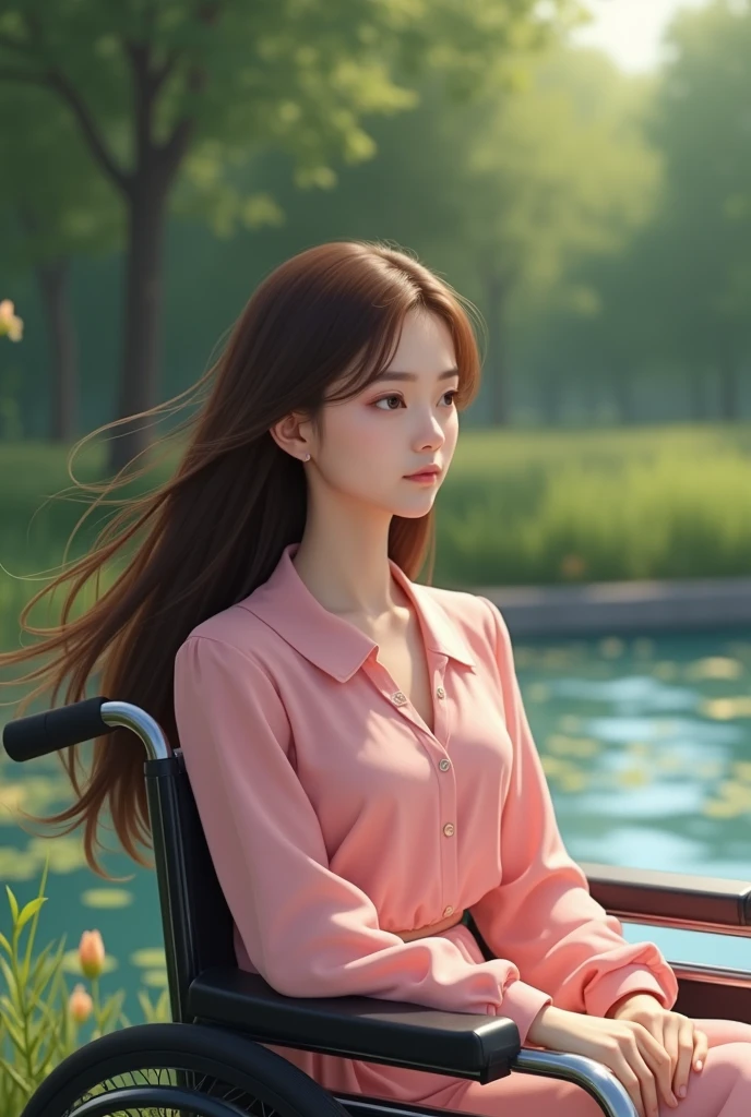 One in a wheelchair with long hair and a pink blouse