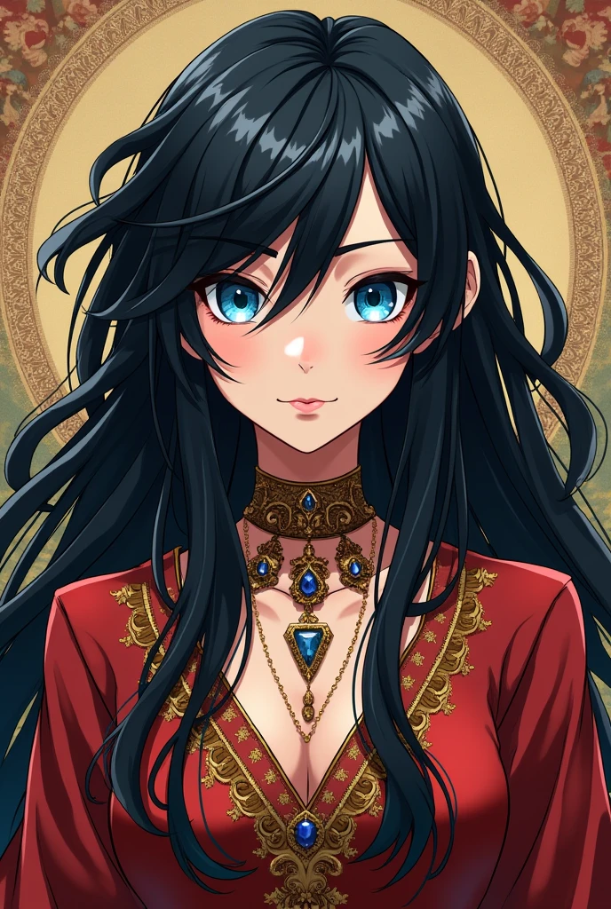anime ilustration, androgynous, gypsy men, with a very black long hair and blue deep eyes with a red and gold gypsy clothes