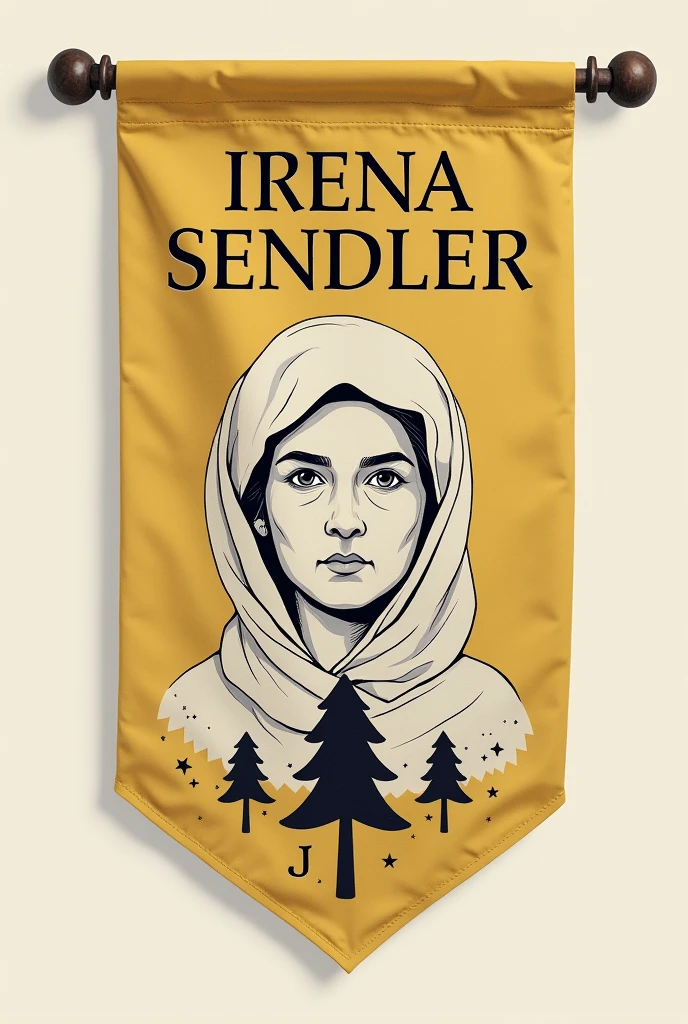 Create an image for a pennant with the name Irena Sendler and a drawing that represents her and contains writing "Group 2" in Spanish