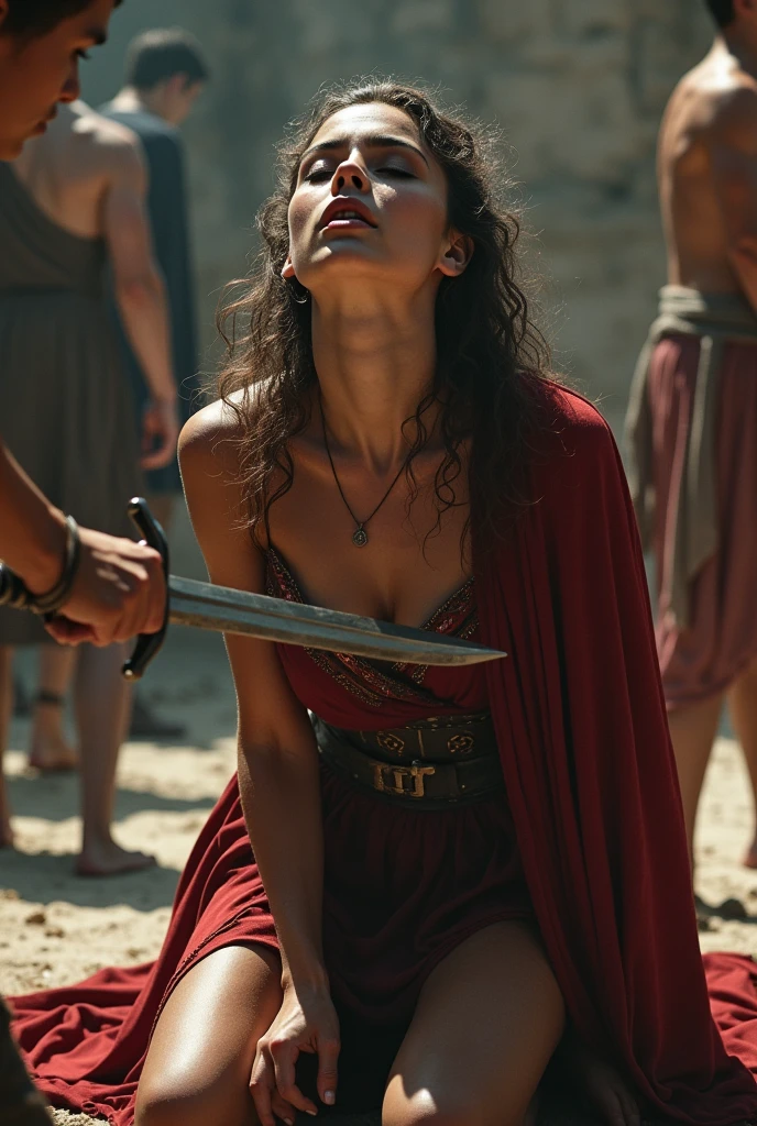 Realism, super quality, action photography style, a defeated woman kneels, her son holds the tip of his sword to the woman's throat, knife stab in the throat, Her head is thrown back strongly.., the woman has a large manly Adam's apple, (woman - 30 year old warrior, throat slashed, Womans face, gothic makeup, pale skin, long hair) (son is 12 ) The ancient Greece 
