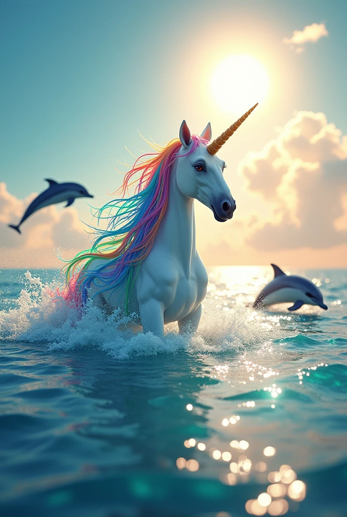 Unicorn with colorful hair in a sea with dolphins and sun and lots of shine