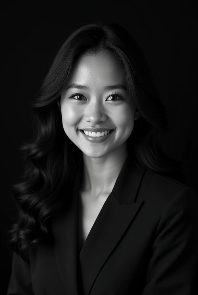 A professional black-and-white portrait of a cute very perfect beauty young indonesian woman, dark hair. has a warm smile, wearing modern stylish fashion. unique character and personality and style. The background is solid black, highlighting her features and creating a sleek, modern look. The lighting is soft and evenly distributed, emphasizing confident and approachable expression.