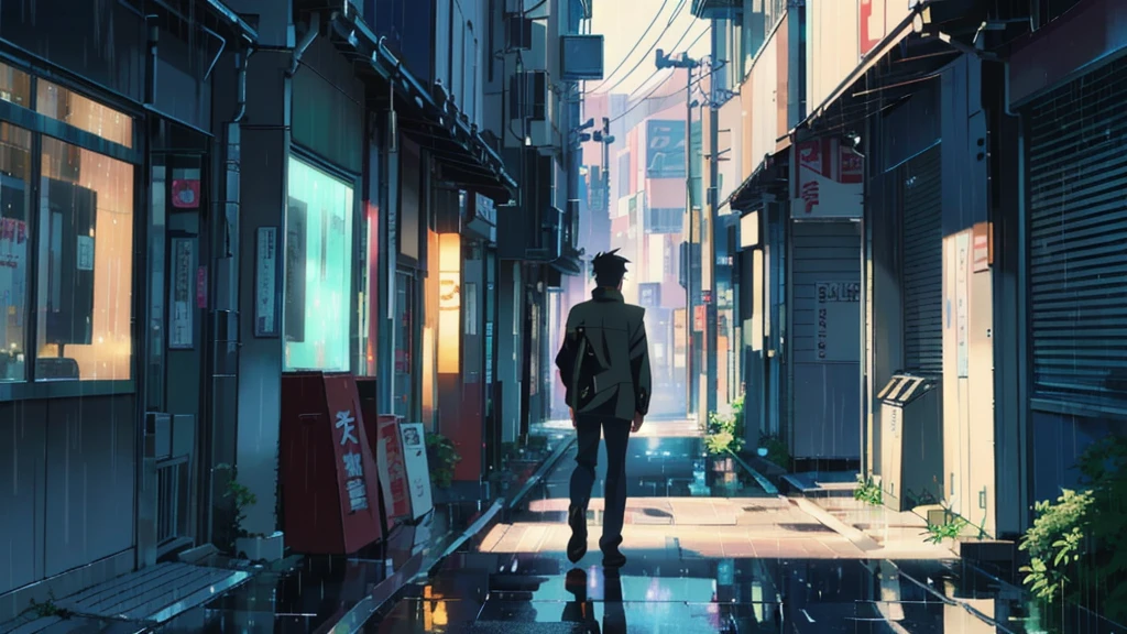 A man walking down the street in the rain, tokyo anime scene, rainy street, style of makoto shinkai, in style of makoto shinkai, makoto shinkai style, anime background art, gloomy. by makoto shinkai, makoto shinkai. —h 2160, makoto shinkai art style, reflections. by makoto shinkai