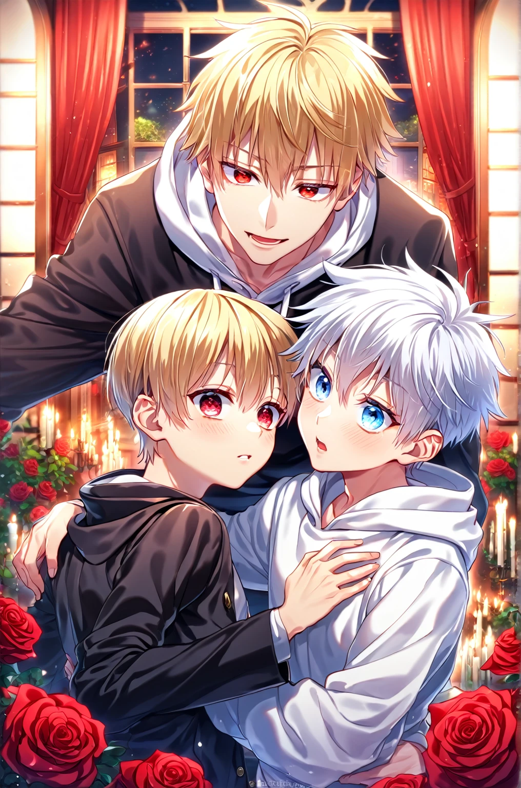 absurdres, highres, ultra detailed, HDR, master piece, best quality, perfect face, detailed eyes, detailed face, Gilgamesh, blonde hair, expressive red eyes, Fate Stay Night, Gojou Satoru as a kid, white hair, expressive blue eyes, two males together, handsome, yaoi, gay couple, black coat, white hoodie, room, window, red curtains, red roses, candles, night, garden, Jujutsu Kaisen