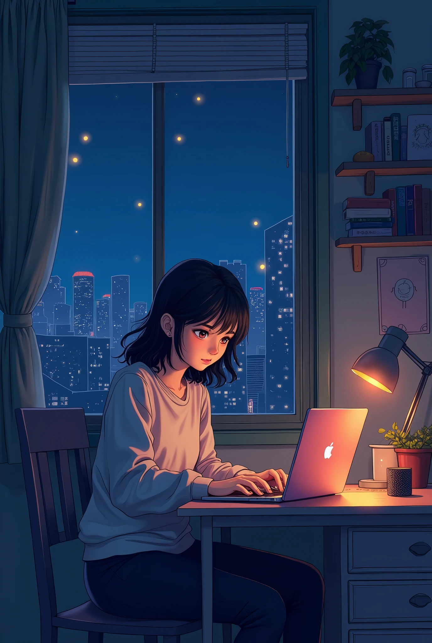 Create an illustration in lofi anime style, set in a cozy room at night. The scene should show a young woman sitting at her desk, working on a laptop with a soft warm light illuminating the space. The room should be decorated with simple and nostalgic details, such as posters on the wall, a small plant in the window, and books unorganized on a shelf. Outside the window, you should see a city with dim lights, creating a relaxed and melancholic atmosphere. It uses soft, pastel colors, with a focus on shades of blue and purple, to capture the essence of a calm and creative night.