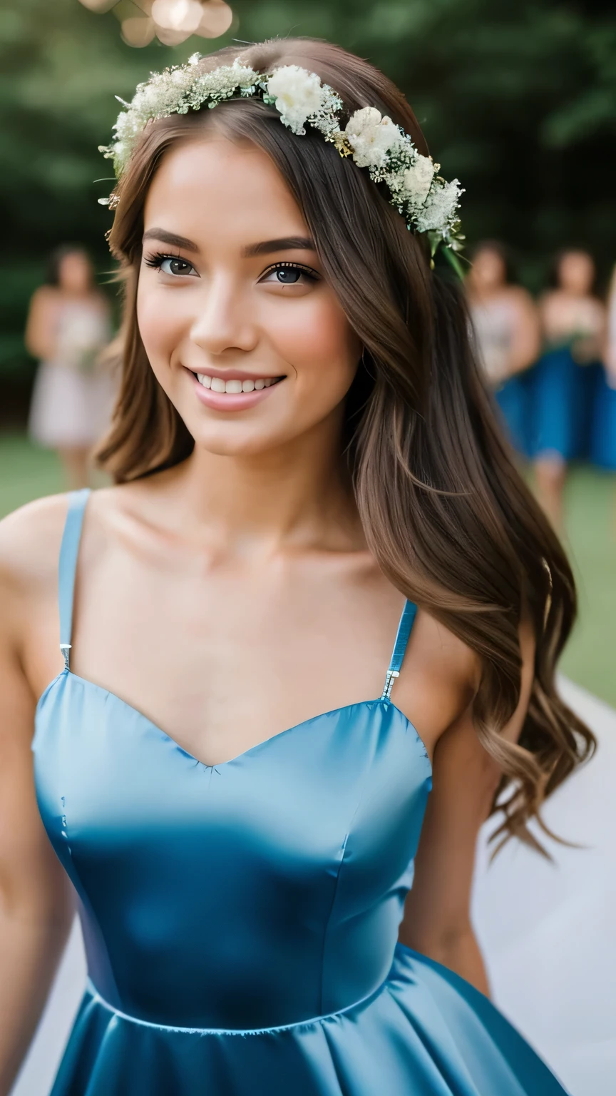 Realistic photo of the whole body of a smiling young girl, Beautiful brunette flower girl with long hair, She dances in front of the camera in a long A-line flower girl dress with straps made of shiny blue satin., Park,glamour fotoshooting, Wedding celebration, perfect anatomy, perfect brown eyes. Perfect hands with 5 fingers on each hand, Suitable woman , look into the camera, 1 girl. (Eye make up:1.1), (highly detailed skin:1.1), spirit, analog style, keen focus, 8K UHD, dslr, good quality, Fujifilm XT3, Grain, Award-winning, masterpiece. Wedding celebration