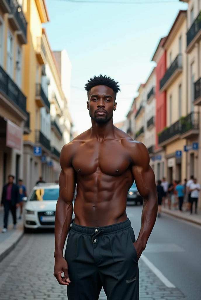 A young black man with an athletic body in the city on the street in Portugal, iPhone 14 style photo