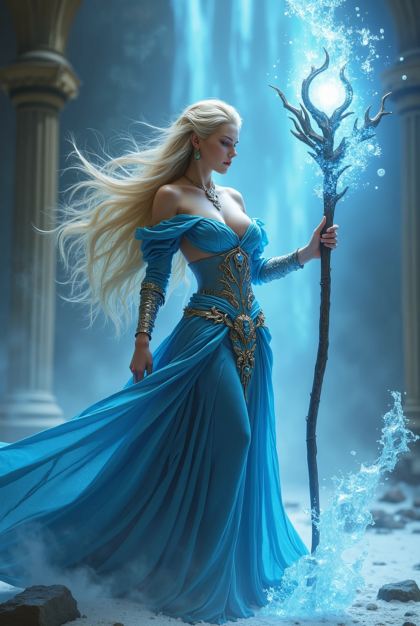 (masterpiece, photorealistic:1.4, extremely intricate:1.3), (photon mapping, radiosity, physically based rendering, ultra resolution, hyper-realistic, photorealistic:1.4, hyper-realistic, 8K), (((blonde buxom Sylph, large breasts))) blue silver sorceress, staff raised, ice power