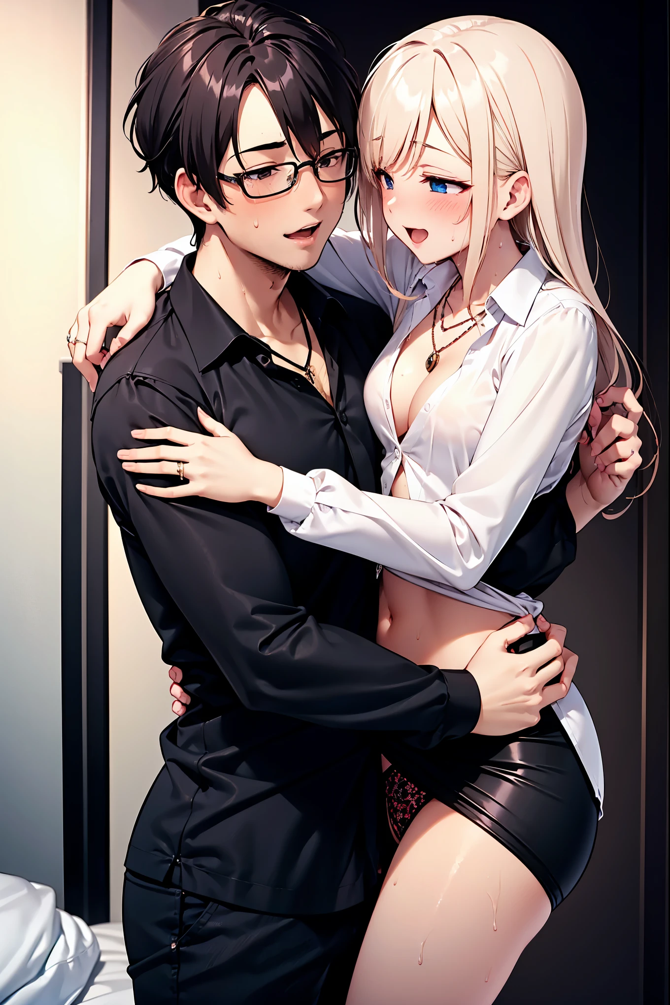 （（super high quality,））（（Ultra-high resolution,））（16K,）（super masterpiece,）（（Ultra HD ,））（Detailed shading,）（Midnight bedroom,）One sexy mother,One young boy,A boy hugs him from the side,（（popped Tight collar White shirts,））Folded sleeves,Unbutton the third button,（The lower half is only underwear,）Spread your legs,Eyes facing the camera,Glasses,blush,Ahegao,necklace,wedding ring,Sweaty,Love juice,