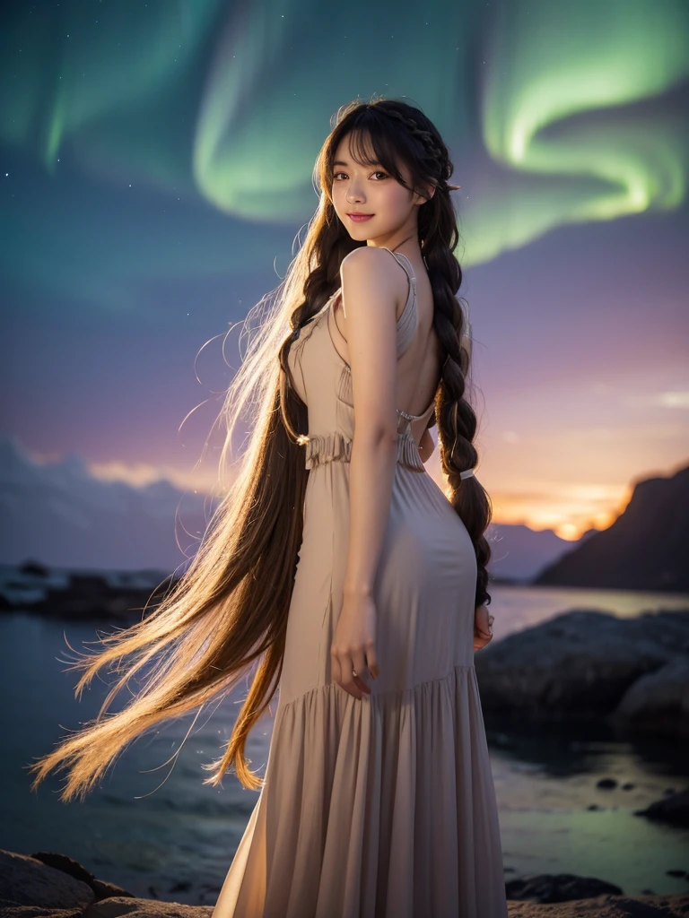 photorealistic photography
woman with hair flowing long twintails, braided bangs, beige hair,wearing ornate hair scrunchie, voluptuous, standing looking at viewer, hair over one eye, seductive smile,arms behind back, outdoors, scenery, expressive eyes, reflective and emotional gaze, detailed background with aurora borealis, purple and blue tones, highly detailed, atmospheric, strong wind, dim lighting, cheerful expression
cinematic lighting, extremely intricate detail character, accurat