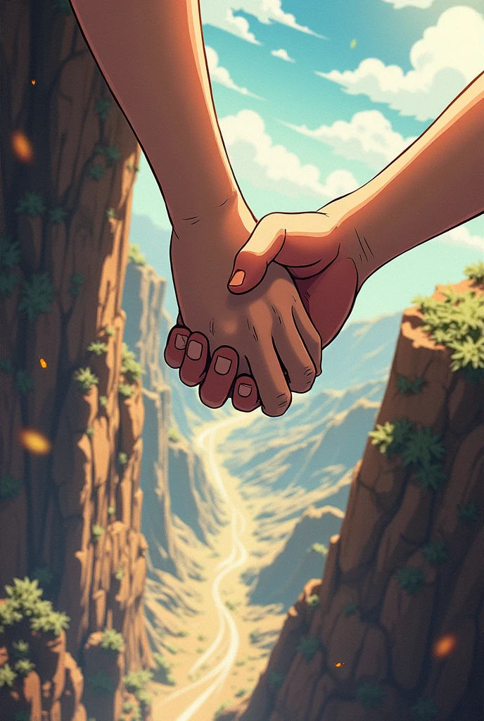 Hands that want to hold each other because they are falling into a cliff, anime style