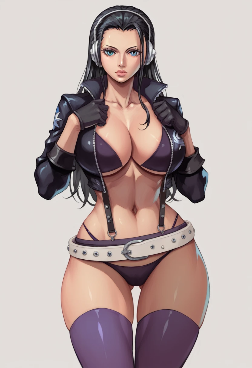 ((masterpiece, best quality)), insaneres, absurdres, solo, looking at viewer,
ONEPIECE_EggHead_NicoRobin_ownwaifu,
1girl, nico robin, black hair, long hair, large breasts, blue eyes, collarbone, hair slicked back, eyelashes, straight hair, aqua eyes, headphones, lips, narrow waist,
cleavage, black jacket, cropped jacket, panties, long sleeves, black gloves, open jacket, suspenders, midriff, underwear, navel, gloves, open clothes, belt, purple thighhighs, thigh gap, zipper, no pants, thighs,
FAP_ARTSTYLE_xxoom_ownwaifu