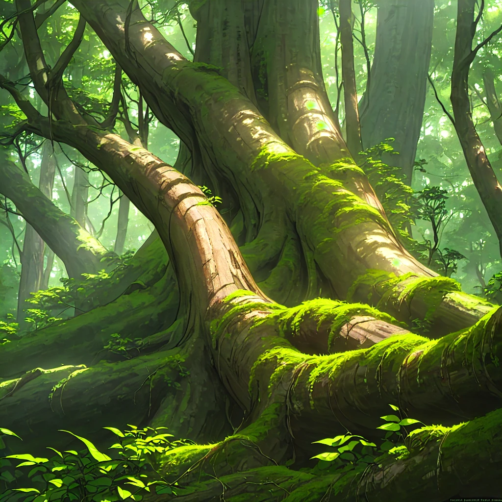 a majestic tree, old growth forest, lush green foliage, sunlight streaming through leaves, detailed bark texture, twisted gnarled branches, birds nestled in branches, squirrels scurrying, moss-covered logs, wildflowers blooming, serene peaceful atmosphere, cinematic lighting, award winning digital art