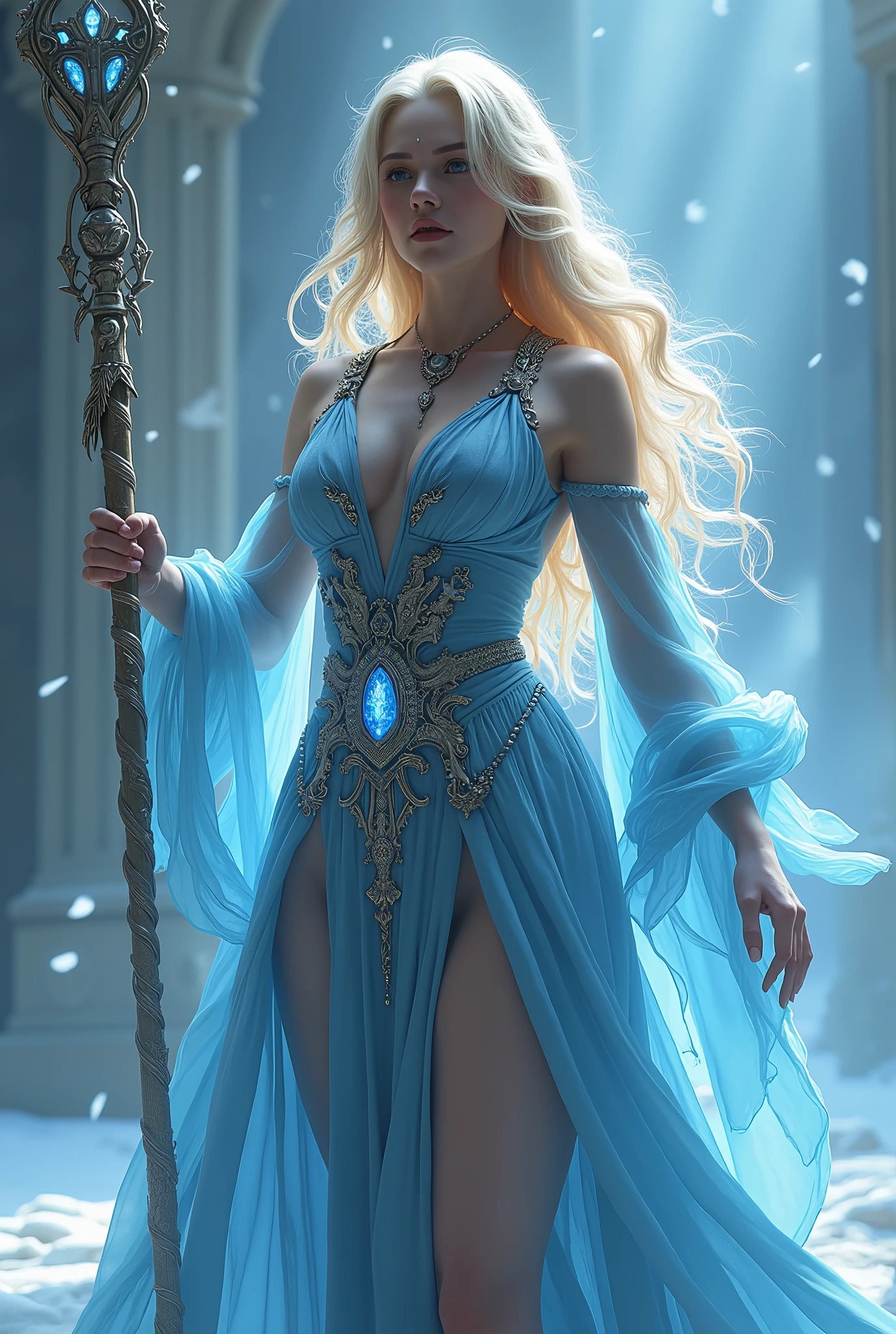 (masterpiece, photorealistic:1.4, extremely intricate:1.3), (photon mapping, radiosity, physically based rendering, ultra resolution, hyper-realistic, photorealistic:1.4, hyper-realistic, 8K), (((blonde buxom Sylph, large breasts))) blue silver sorceress, staff raised, ice power