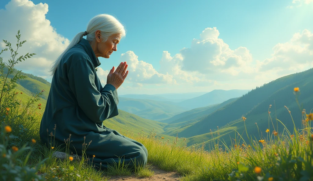 Here is the image generated based on the idea for southern Russia, with an older woman praying, a big clear sky and a landscape full of vegetation. If you need anything else or other images, I am available!