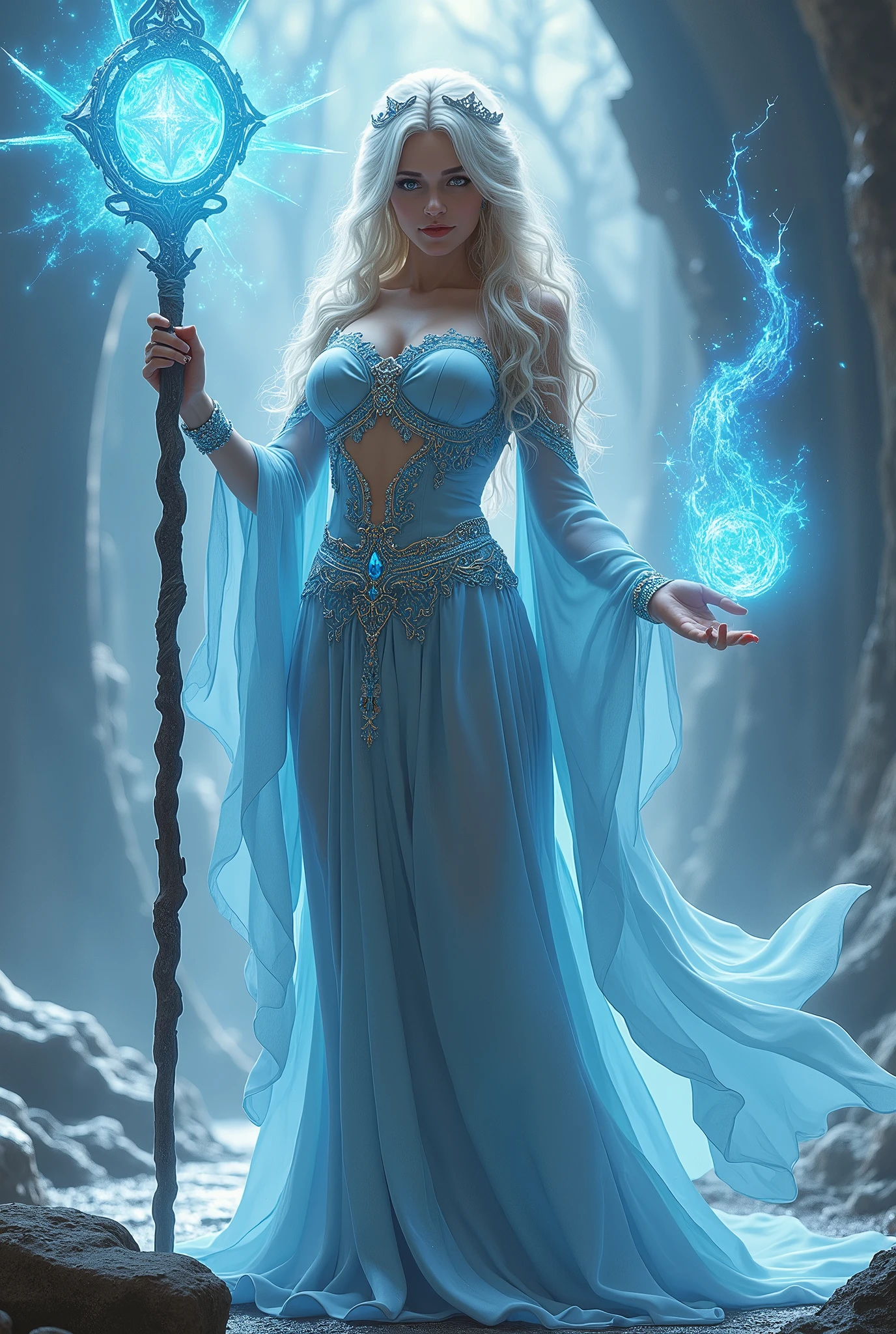 (masterpiece, photorealistic:1.4, extremely intricate:1.3), (photon mapping, radiosity, physically based rendering, ultra resolution, hyper-realistic, photorealistic:1.4, hyper-realistic, 8K), (((blonde buxom Sylph, large breasts))) blue silver sorceress, staff raised, ice power
