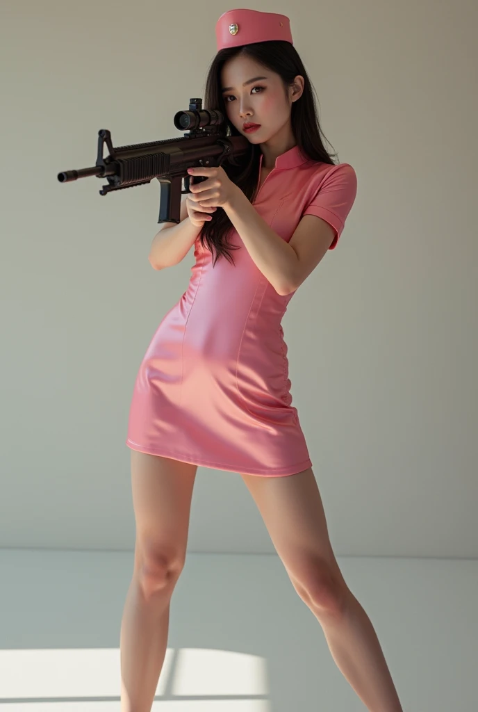real person realistic beautiful korean flight stewardess satin pink super short skin tight dress mini skirt standing stance legs open wide spreading full portrait holding rifle gun pointing at you front facing hip low waist aiming at you shooting range sexy legs