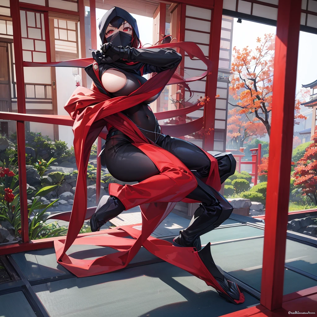 1girl,(masterpiece,8k,Super detailed,table top, heavy mechanism, hard surface),(concept art:1.1),(Taimanin Asagi style:1.0), A woman wearing a high-leg bodysuit tying the seal of ninjutsu,(full armor:1.4),(tactical ninja mask:1.5),(Purple body:1.1),(long legs:1.1),(big breasts:1.2),(constriction:1.2),(Big eyes:1.2),(beautiful face:1.3),(weapon details:1.3),(detailed body:1.3),((full body esbian:1.5)),(The background is a ninja village with dancing leaves.:1.5)