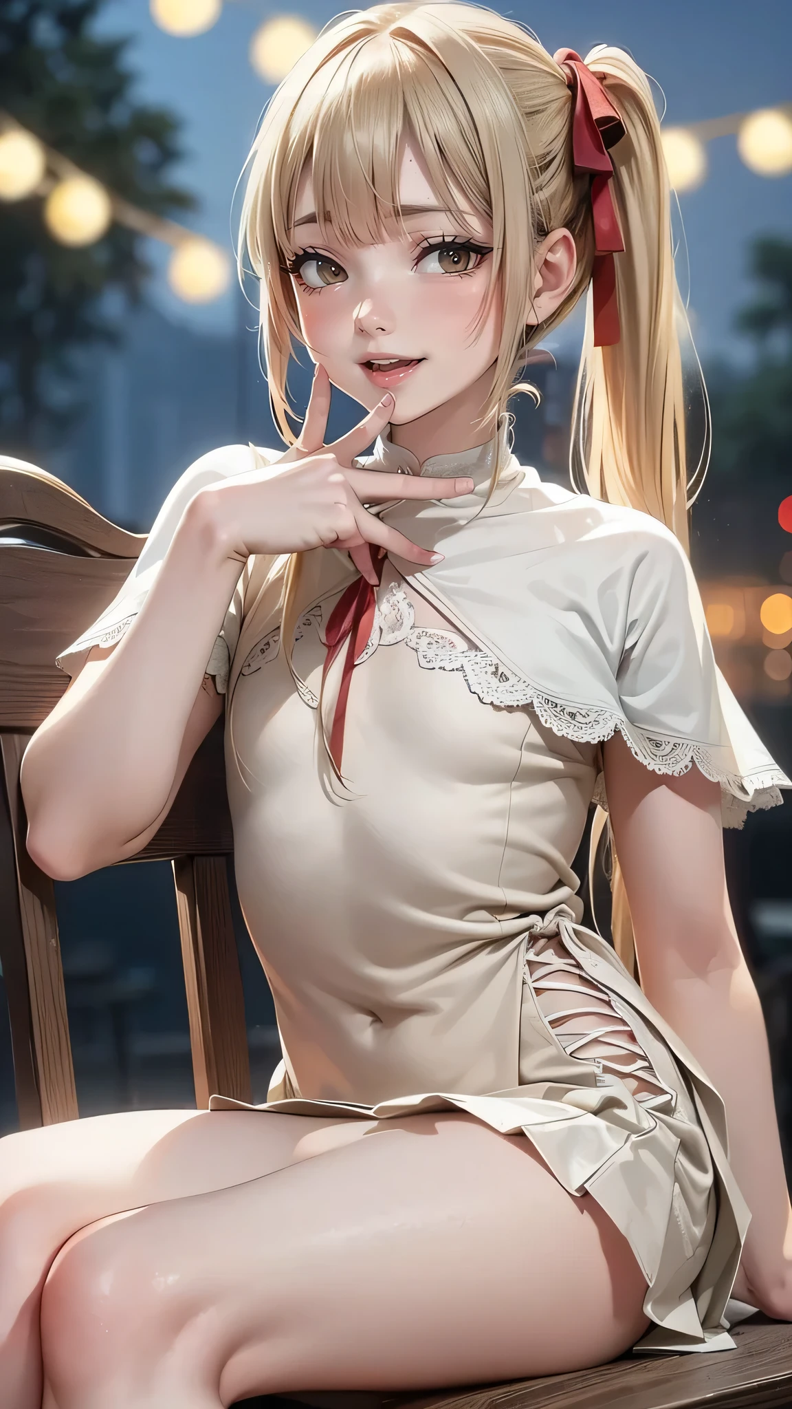 (masterpiece),(highest quality:1.2),((Perfect Anatomy)),(Perfect Fingers:1.3),(The right move:1.3),(1 girl),(Flat Chest),highest quality,Blonde ponytail,Blunt bangs,(From the side)(Glancing sideways),Beautiful and detailed red eyes,Beige Capelet Fashion,Sitting in a chair,Outdoors at night,Disappointed,Cinema Lighting,Written boundary depth,Bokeh,Pastel Tones,Captivating smile