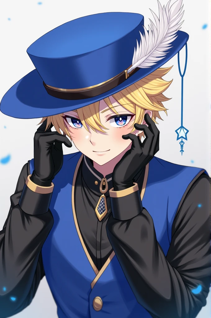 Create a male character with blond hair and a blue hat that covers the forehead and sides of the head and in the back with white feathers with a black shirt and a blue vest and with black gloves and with his hands touching his head.