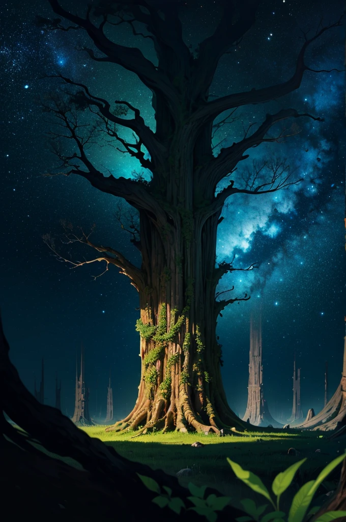 Ancient giant tree,Dark green leaves,Strange patterns all over the tree trunk,The tree is in a claustrophobic, empty and dark space