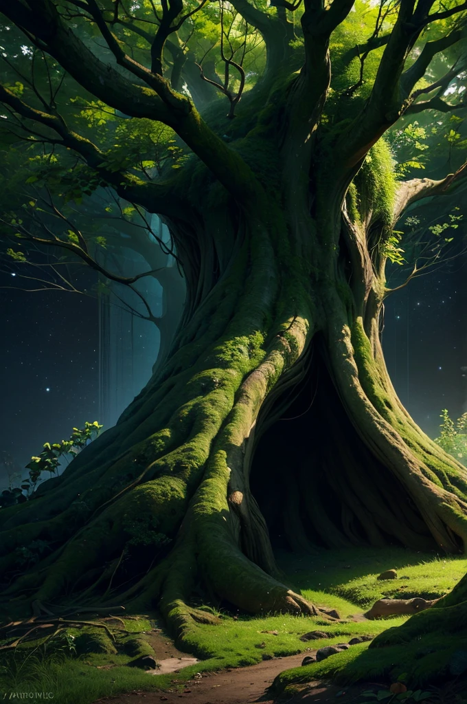 Ancient giant tree,Dark green leaves,Strange patterns all over the tree trunk,The tree is in a claustrophobic, empty and dark space