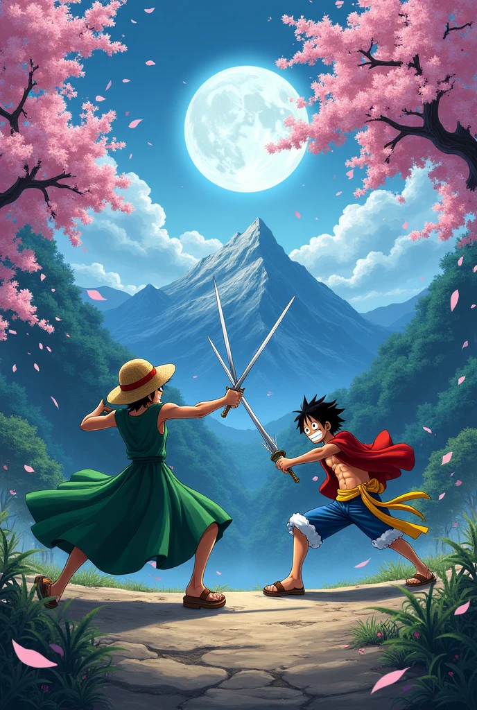 Two dual match between luffy  wearing a straw hat and without a sowrdand zoro weaing green dress and with three swords anime in night with full moon night and in a mountain region and tree pink blossom gm anime