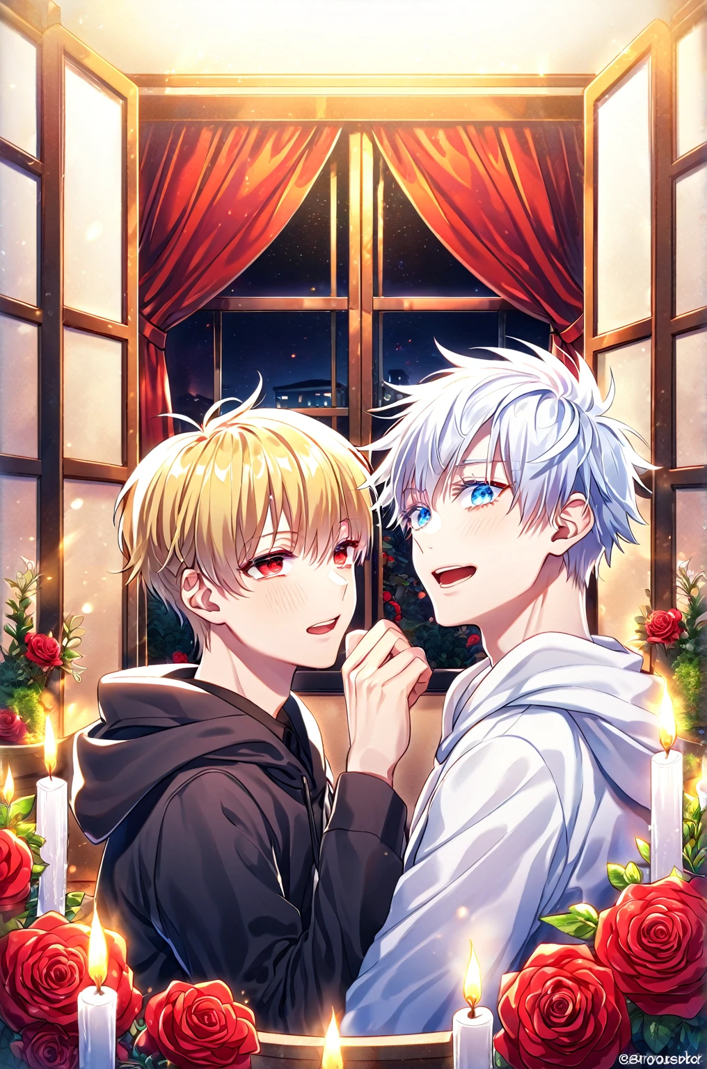 absurdres, highres, ultra detailed, HDR, master piece, best quality, perfect face, detailed eyes, detailed face, Gilgamesh, blonde hair, expressive red eyes, Fate Stay Night, Gojou Satoru as , white hair, expressive blue eyes, two males together, handsome, yaoi, gay couple, black coat, white hoodie, room, window, red curtains, red roses, candles, night, garden, Jujutsu Kaisen