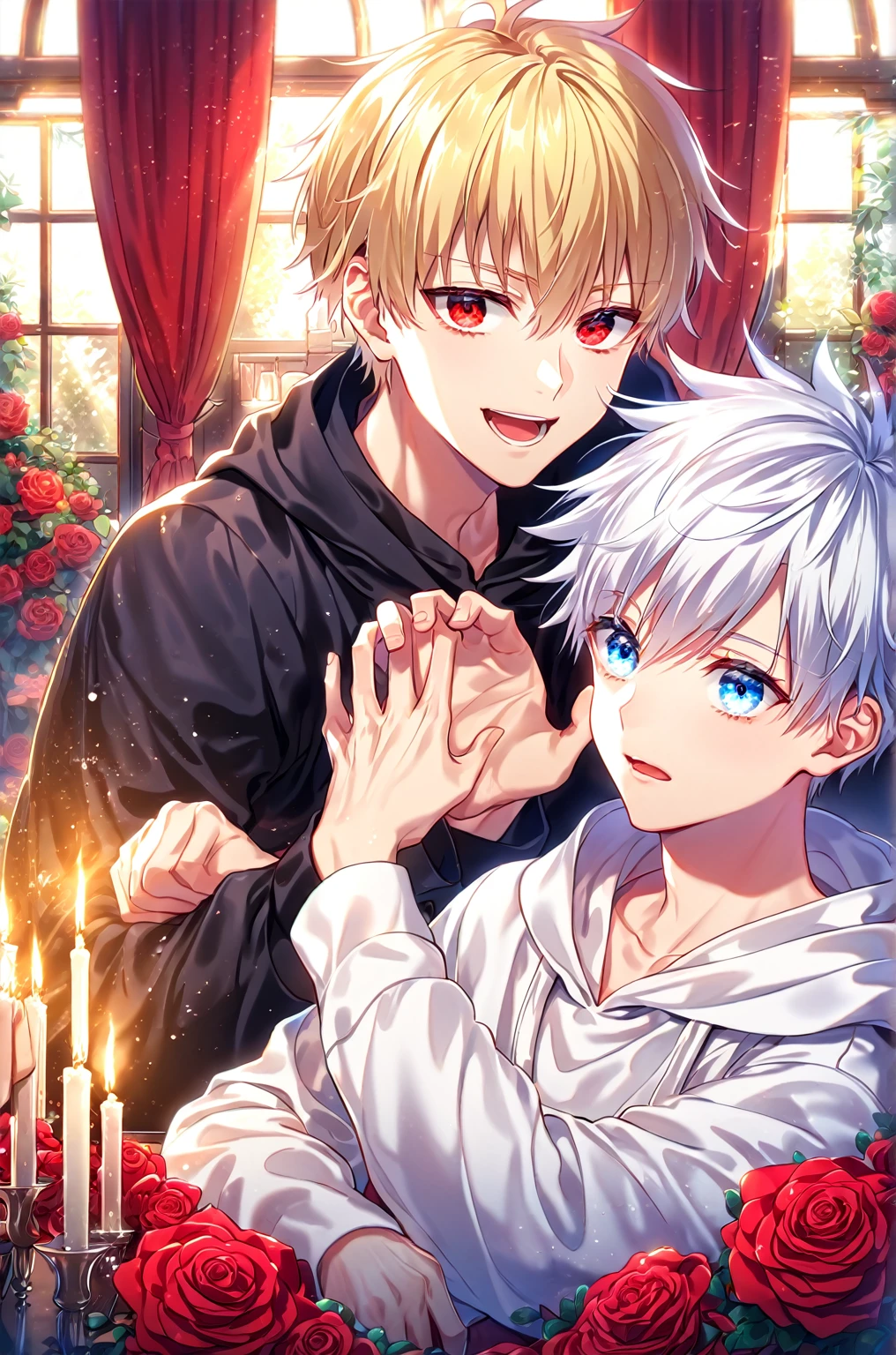 absurdres, highres, ultra detailed, HDR, master piece, best quality, perfect face, detailed eyes, detailed face, Gilgamesh, blonde hair, expressive red eyes, Fate Stay Night, Gojou Satoru as a kid, white hair, expressive blue eyes, two males together, handsome, yaoi, gay couple, black coat, white hoodie, room, window, red curtains, red roses, candles, night, garden, Jujutsu Kaisen