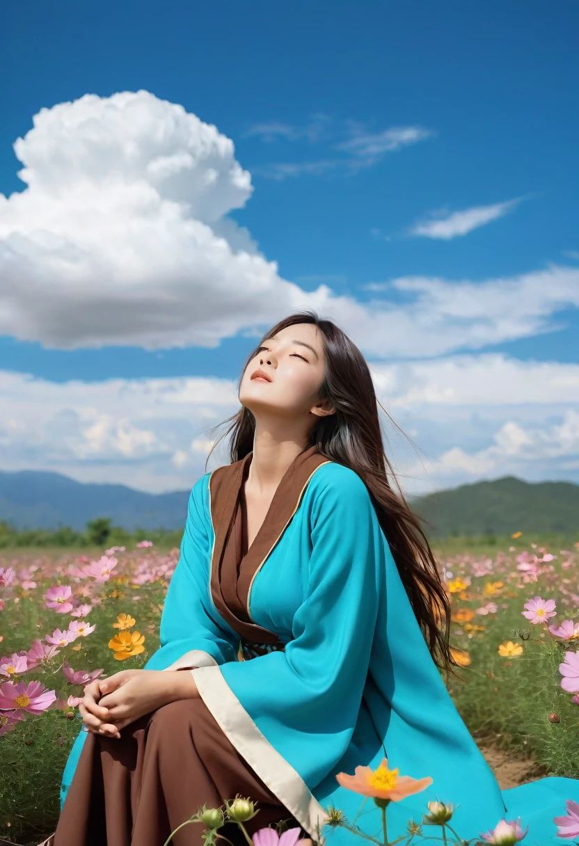 (best quality, masterpiece), Turquoise Screen Filter, (1girl, solo, brown robe, expression face, looking up, sitting, wide sleeves, black eyes, closed mouth, long hair, cowboy shot), (clear sky, cosmos flower filed, cloud),