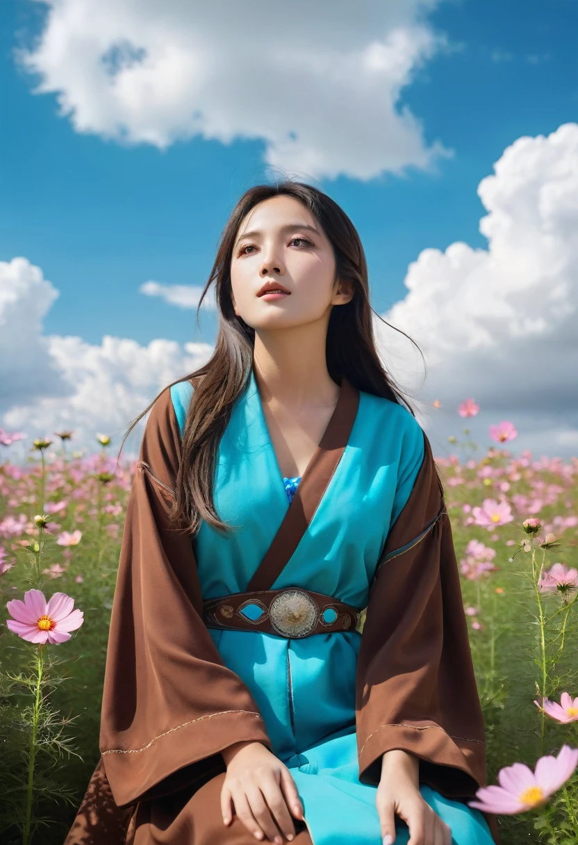 (best quality, masterpiece), Turquoise Screen Filter, (1girl, solo, brown robe, expression face, looking up, sitting, wide sleeves, black eyes, closed mouth, long hair, cowboy shot), (clear sky, cosmos flower filed, cloud),