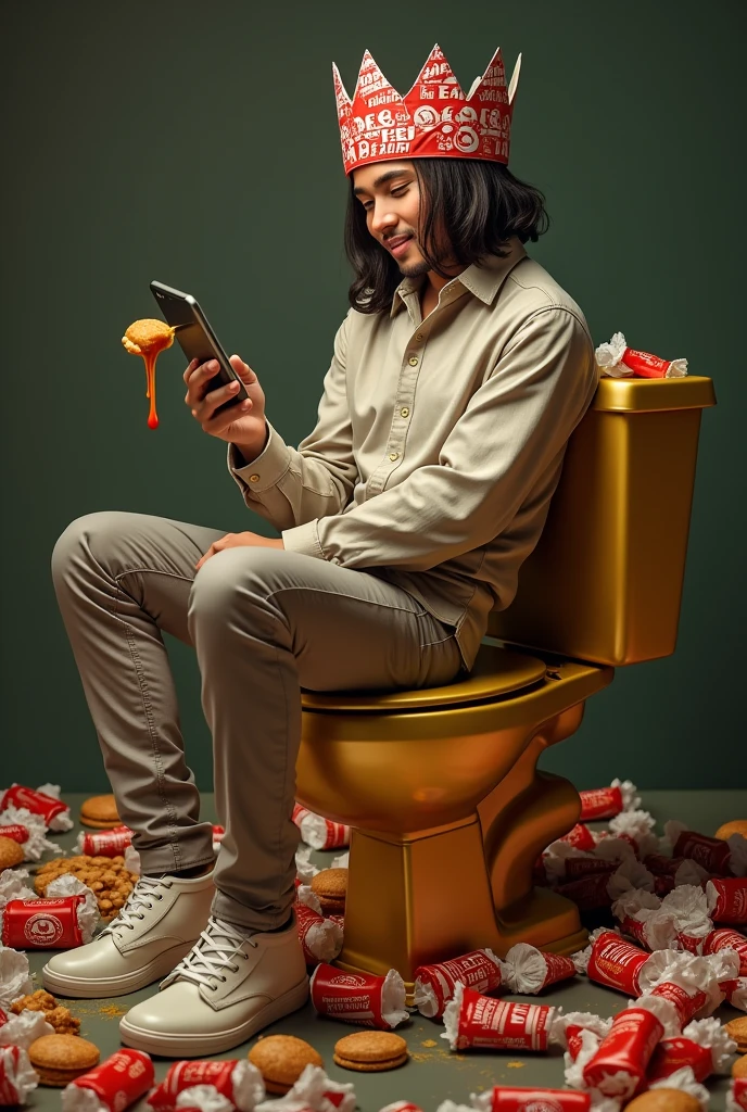 Concept: A person sitting on a gold-plated toilet, surrounded by an excess of fast food wrappers, with a crown made of soda cans. They’re holding a smartphone in one hand and a fork dripping with sauce in the other, looking content but utterly disconnected.