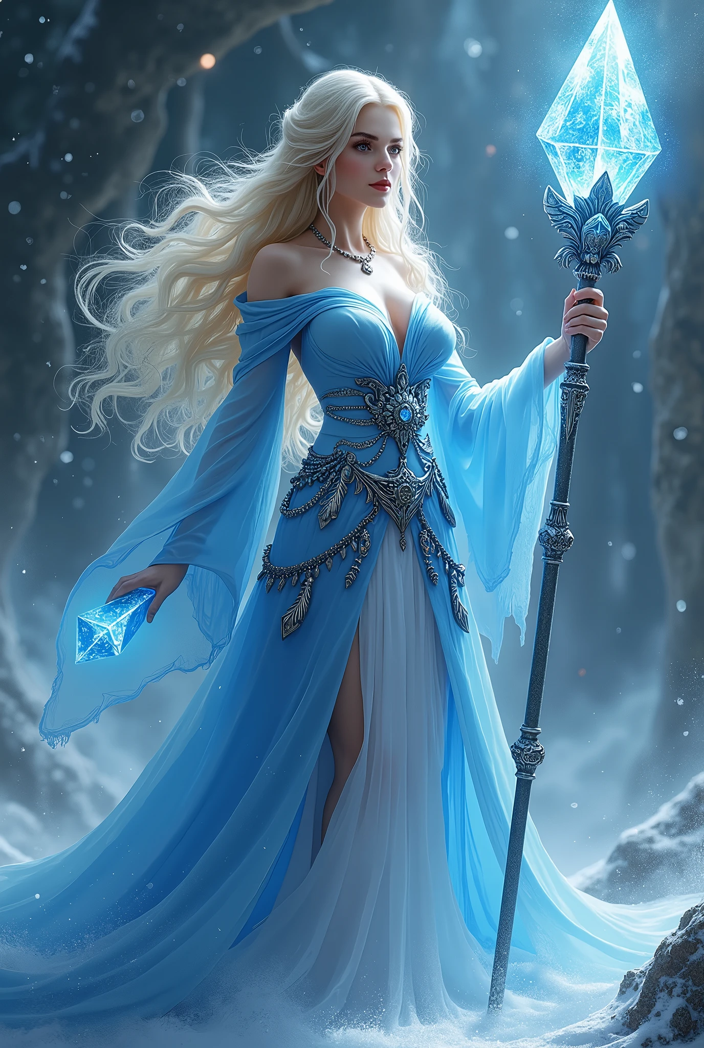 (masterpiece, photorealistic:1.4, extremely intricate:1.3), (photon mapping, radiosity, physically based rendering, ultra resolution, hyper-realistic, photorealistic:1.4, hyper-realistic, 8K), (((blonde buxom Sylph, large breasts))) blue silver sorceress, staff raised, ice power
