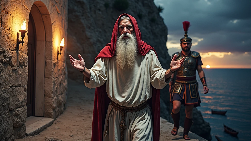 A captivating and beautiful cinematic scene, the year is 2000 BC, an elderly man of Hebrew descent, his name is John, apostle of Jesus Christ, clothes is a tunic from the time of the Roman Empire, the man is 7, long white hair, big, well-groomed white beard, is imprisoned in a Roman prison inside a rock cell inside a rock, just a large window with where the landscape is sunset on the sea waves, boats at the bottom of the window, standing full length with his hands raised to the heavens to pray , her clothes are of fine white linen, a red tunic accompanies covering his head, a candlestick is lit next to you , a handsome Roman soldier of the rank of Roman centurion and his impeccable uniform with a beautiful gladiolus sword in hand, escorts the convict outside the cell, the prison is lit by torches, the island of Patmos Rocky.