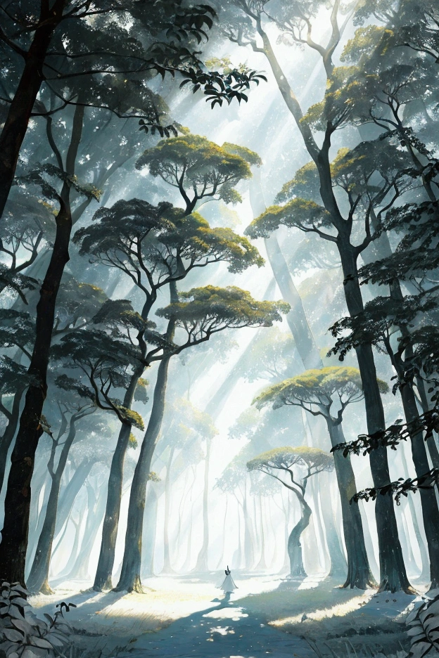 Magical tree, white leaves, fantasy forest, tropical forest, white leaf, shining tree, fantasy tree, masterpiece, dark and bright, shadows, night