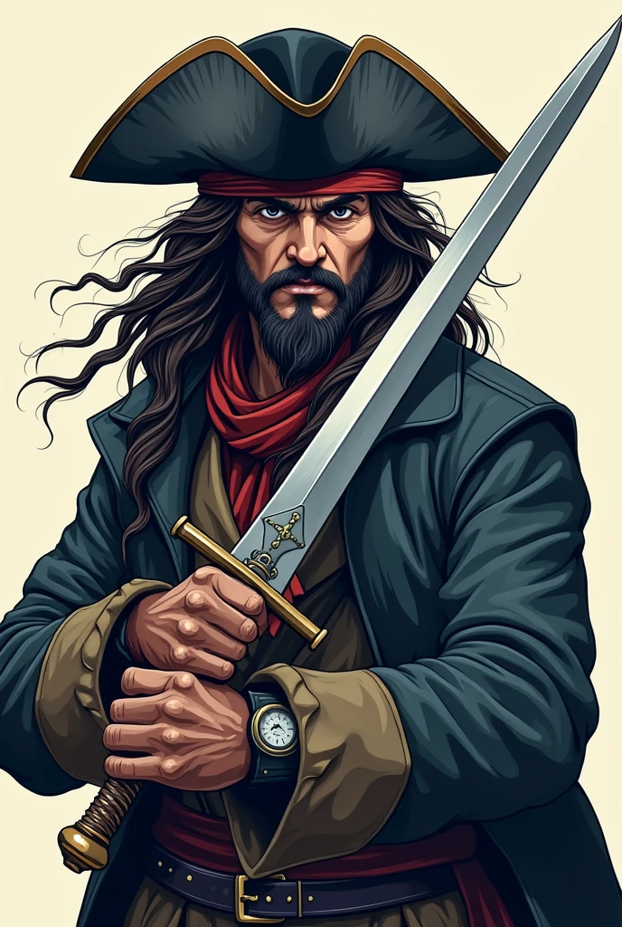 Portrait d'un corsair cheveux long avec un chapeau détériorer et une épée qui traverse la moitié de l'image.
Ce portrait doit être entièrement adapté à un design de marque,
L'image doit être entièrement vectorisé