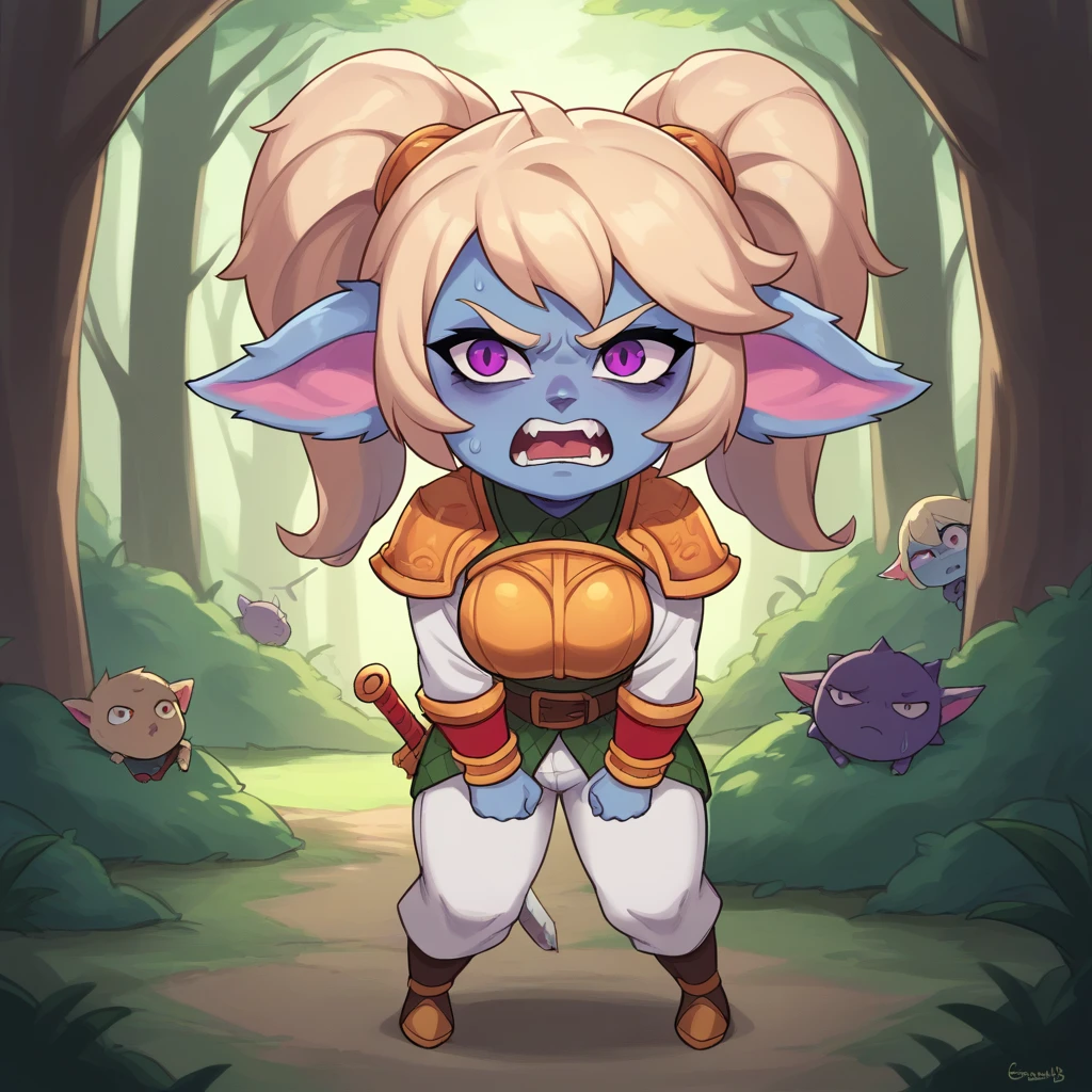 alone, forest, poppylol, Yordle, small pile, colored skin, rubio_hair, purple_eyes, big breasts, angry expression, Singing, White suit, white pants, White shirt, sword, bottomless, caught in a bramble bush, path of thorns, wound with blood, looking ahead, leaning forward, yelling