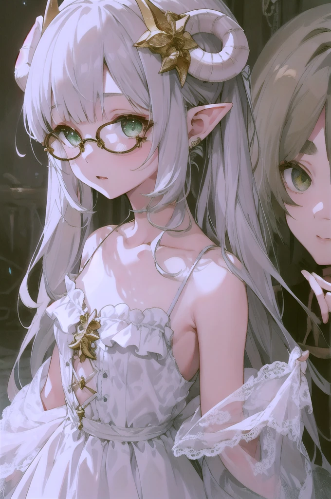whole body、Character portrait、Beautiful illustrations, Highest quality, Cute petite girl, (Conversion Sequence), Little, White long see-through dress, Baby Face、Short eyebrows、Short bangs、Gray Hair、Twin tails、freckles、Golden round glasses、Sheep horns、Elf、Beautiful green eyes、Gold Accessories, View your viewers, Singing a song、Multiview, So that the figure is not cut off、One girl, solo, Beautiful deep sea、Facing forward