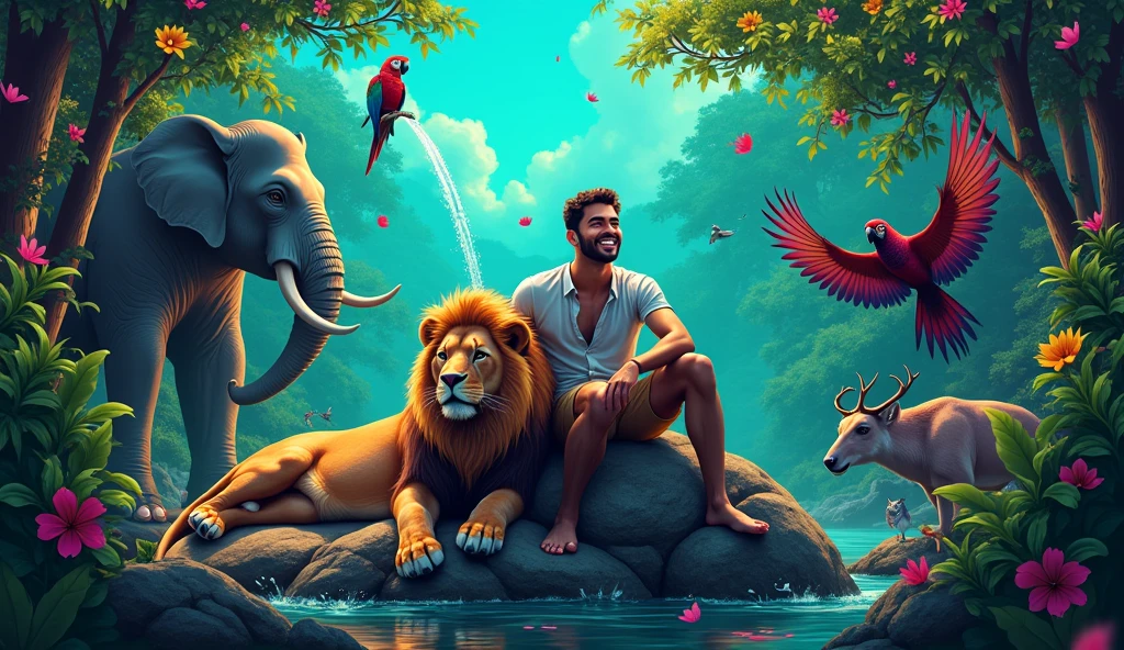 A festive scene in the jungle, with all the animals celebrating. Man is sitting on a large rock, smiling happily, surrounded by his animals. , the lion, is lying down beside him, looking relaxed. , while the elephant, is playfully spraying water from his trunk. , the parrot, is singing from a high branch. Other jungle animals like deer, birds, and small mammals are also present, enjoying the celebration. The trees are full of leaves, flowers are blooming, and the sunlight is
photo realastic vivid,neon,dramatic.cinamtic lighting, renderless