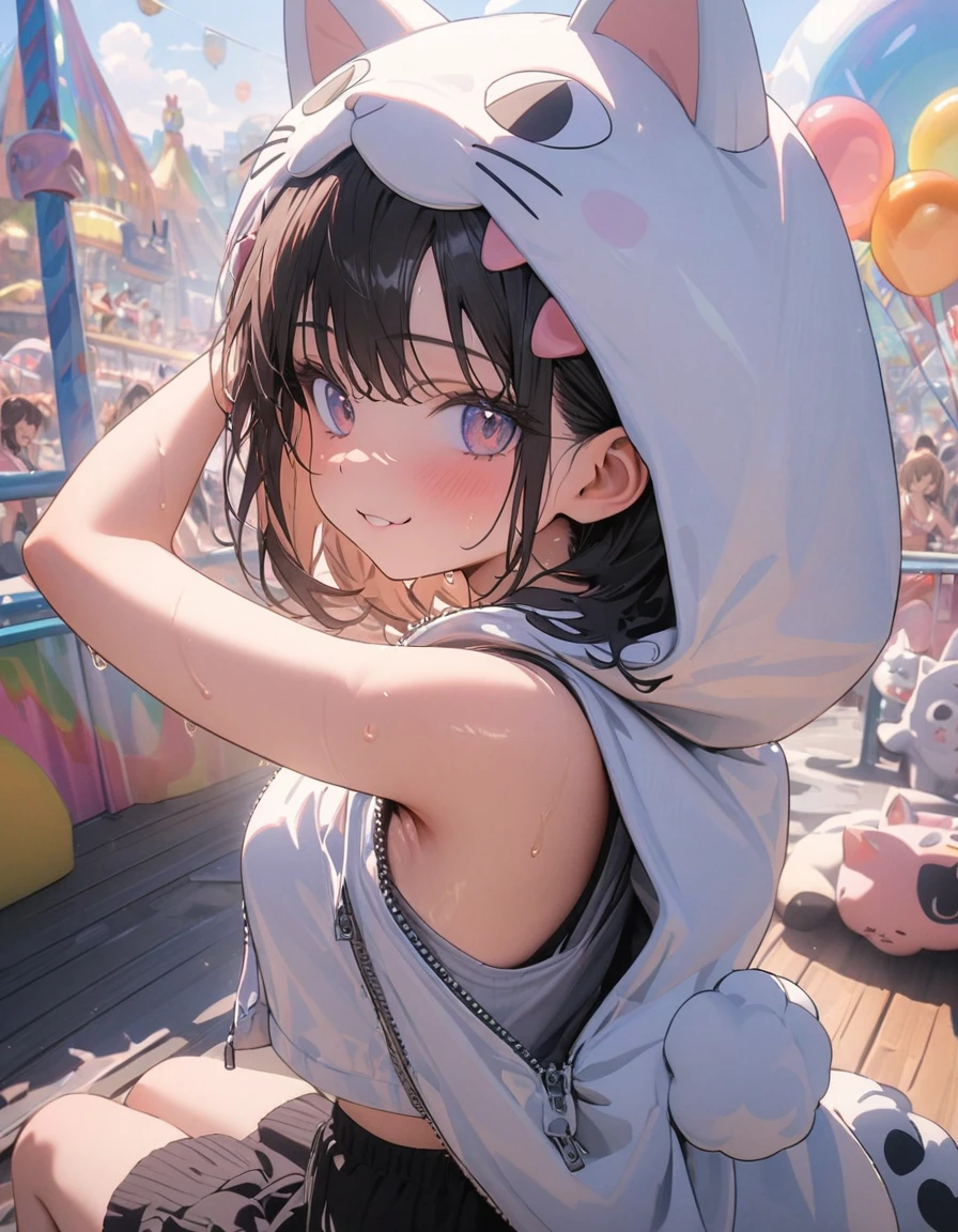 ((Masterpiece)), ((best quality)), ((wide shot)), (from side), (super detail:1.2), (High Definition:1.3), ((extremely detailed)), (8K), (Professional Photography:1.2), (very aesthetic:1.2), (absurdres:1.2), perfect anatomy, intricate details, (sharp focus), (perfect light), (drop shadow), ((1girl)), ((cute age girl)), naughty smile, girl sitting on a bench in busy amusement park, (having just removed her cat mascot costume), The large cat head and paws are placed beside her, wiping sweat from her forehead, looking tired but satisfied, The background shows colorful rides, balloons, (dressed in a comfortable outfit underneath the costume), ((undressing fluffy cat costume)), ((Zipper on the back of the cat costume)), (pull down zipper), girl sweating and her tanktop wet, (exposed armpit), (cute cheeks), glossy lips, pouty lips, (lower eyelashes), (detailed background:1.2), psychedelic atmosphere, newest, clear line,