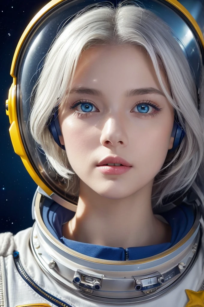 A closer look at a better masterpiece：1.5)0.9]、(Space and astronauts：1.2) (Disheveled silver hair：1.1) (Heterochromia and Yellow and Blue Eyes：1.2) (Space Helmet：1.0) (Colored stars in the eyes：1.0) (Shining Light：1.1) (Thick lips：0.9)